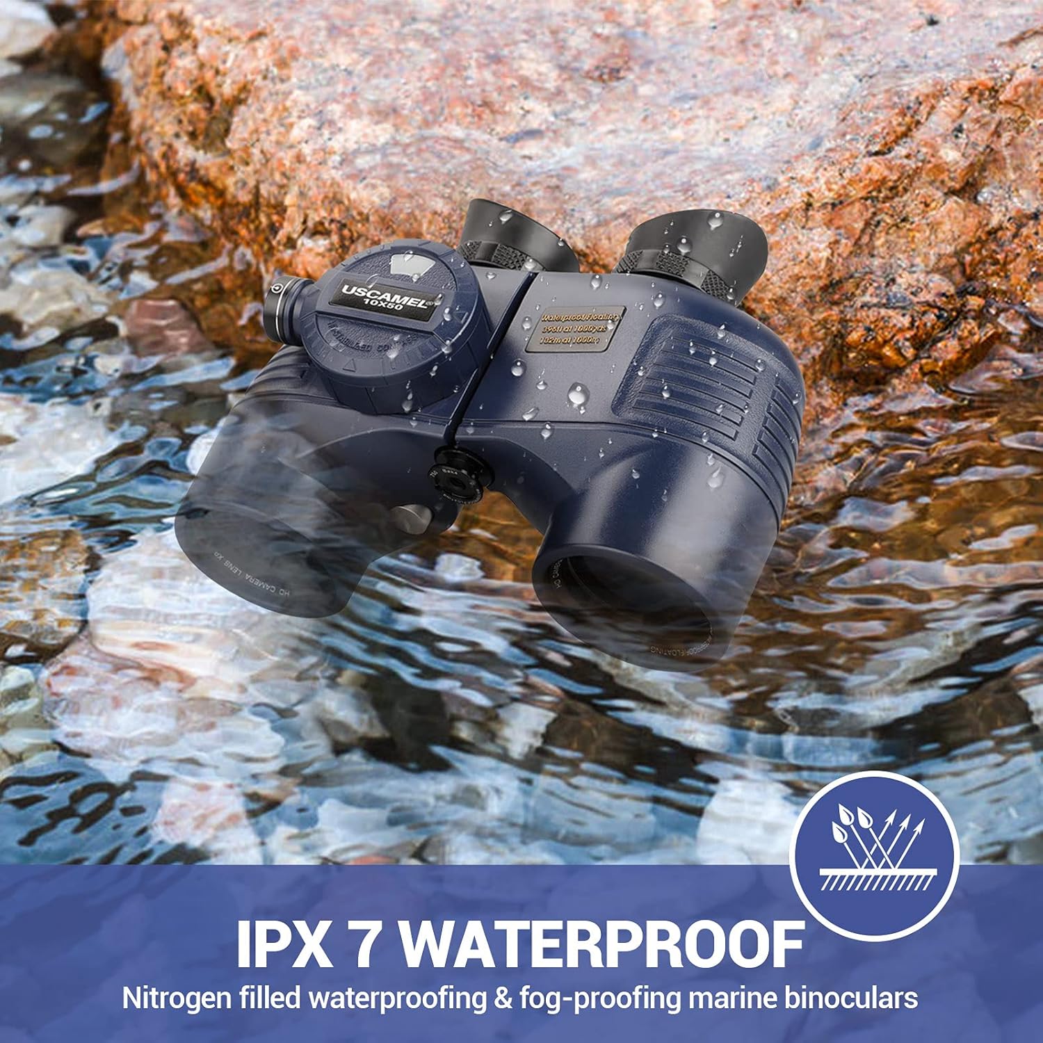 10×50 IPX7 Waterproof Marine Binoculars with Rangefinder Compass BAK4 Prism FMC Lens E72372
