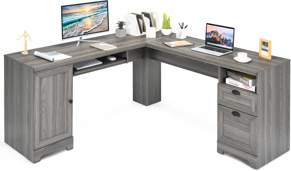 66 L-Shaped Desk with Drawers Keyboard Tray and Storage Cabinet A84587