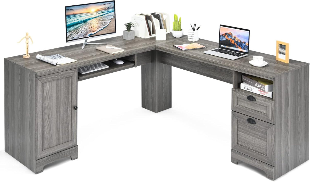 66 L-Shaped Desk with Drawers Keyboard Tray and Storage Cabinet A84587