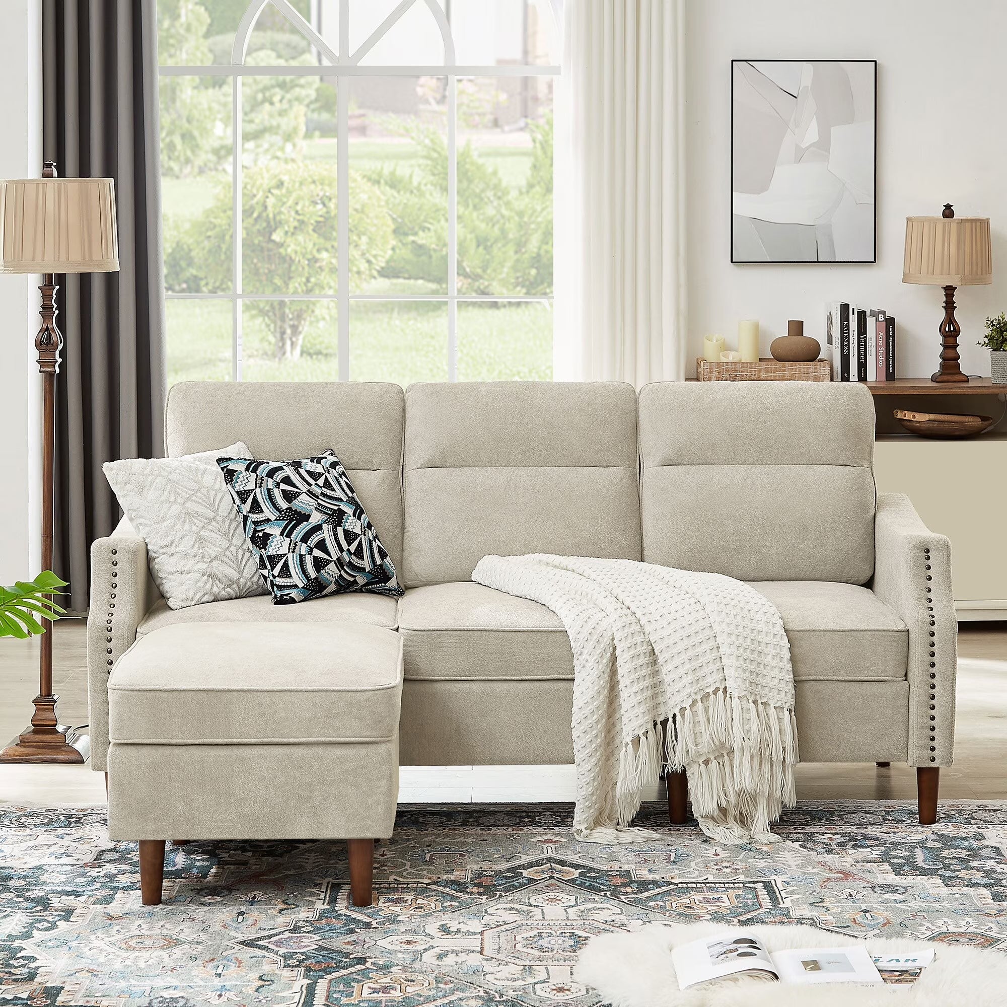Beige L-Shaped Sectional Sofa Couch with Storage Bags X6944