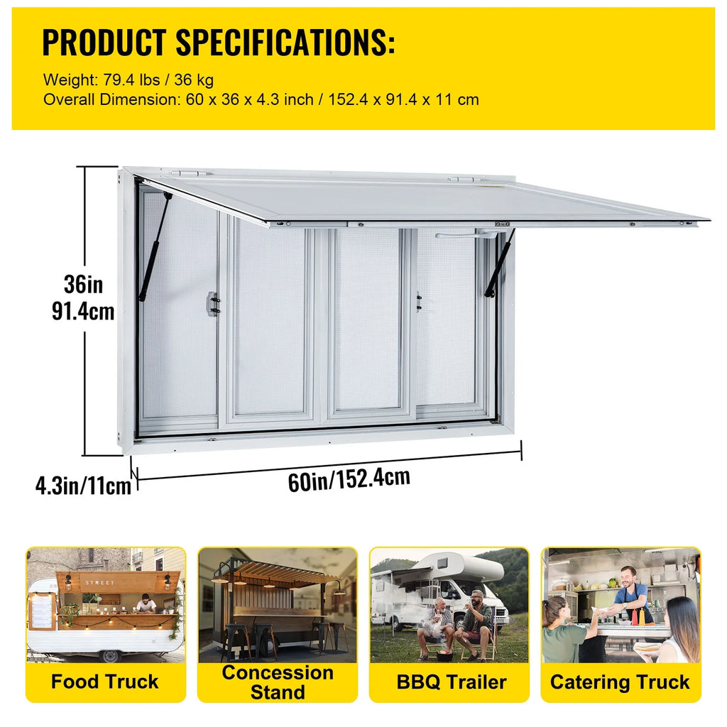 60 x 36 inches Aluminum Food Truck Service Window with 4 Horizontal Sliding Screens X1873