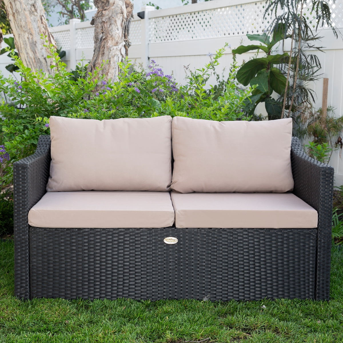 Black Wicker Rattan 2-Seater Patio Sofa with Cushions U160770