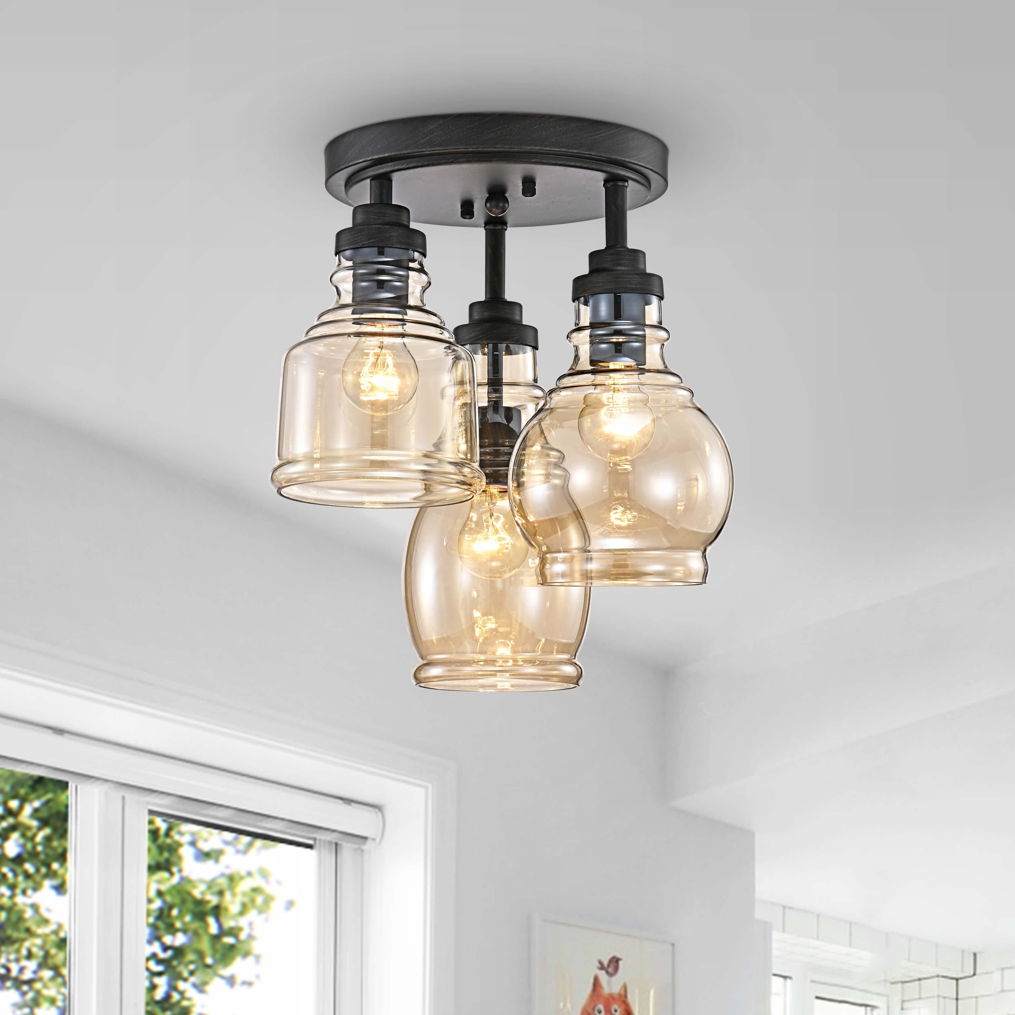 Antique Black 3-Light Flush Mount with Cognac Glass Shade K91327