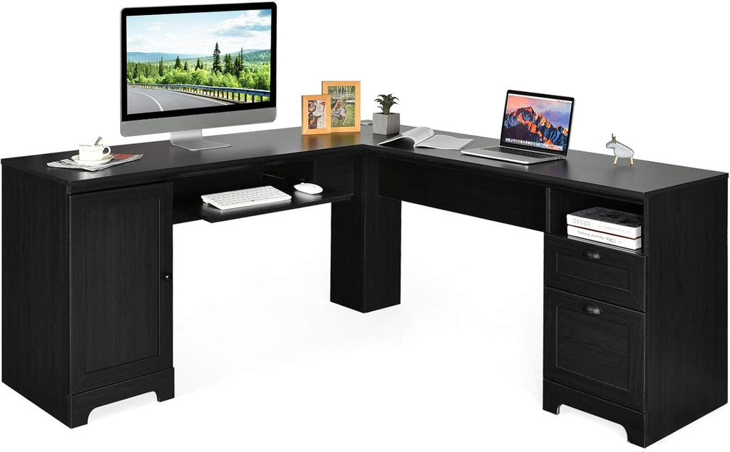 66 L-Shaped Desk with Drawers Keyboard Tray and Storage Cabinet A84587