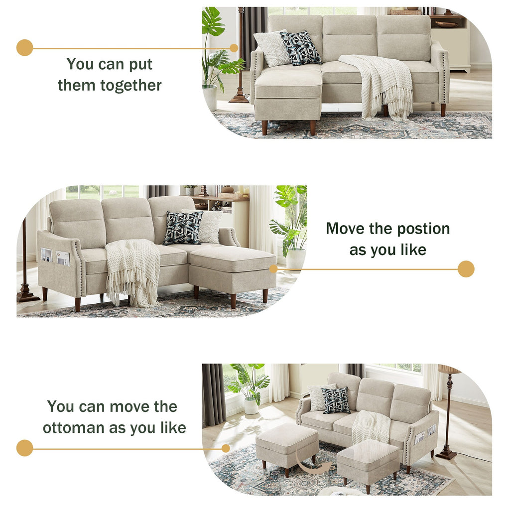 Beige L-Shaped Sectional Sofa Couch with Storage Bags X6944