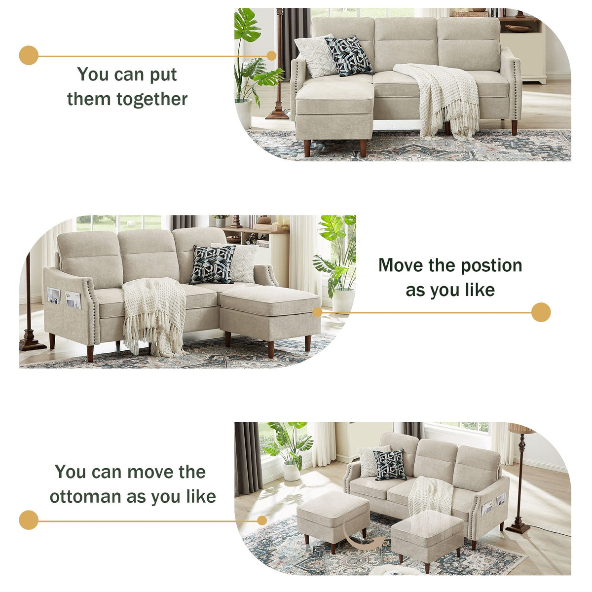 Beige L-Shaped Sectional Sofa Couch with Storage Bags X6944