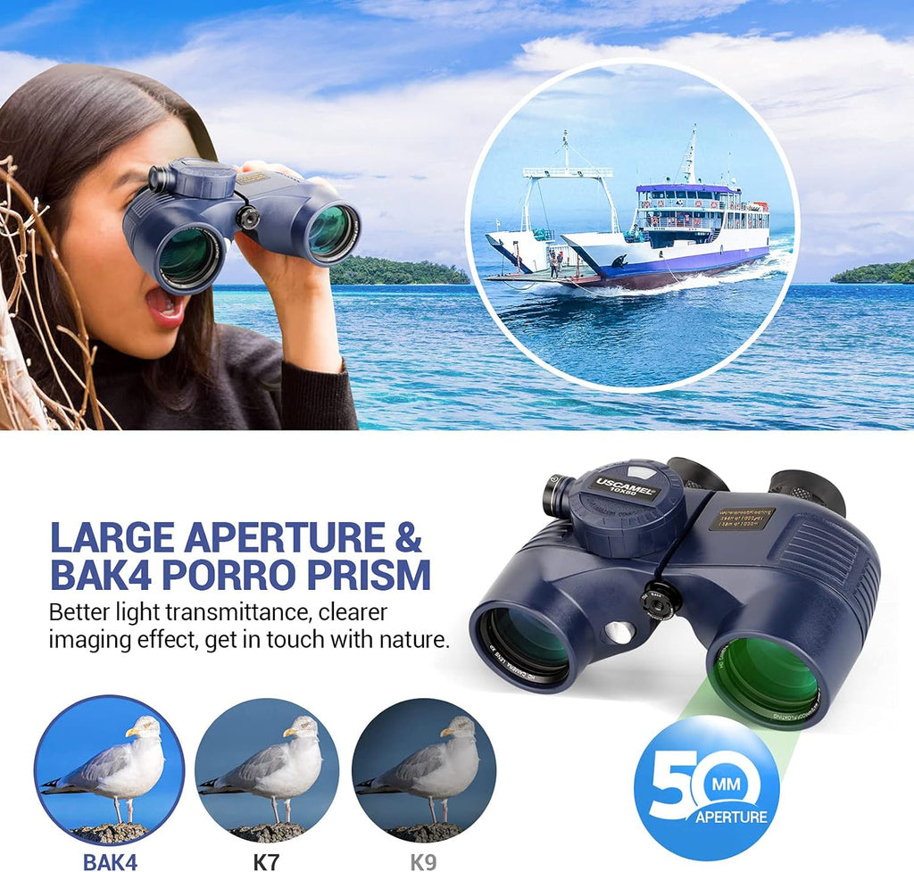 10×50 IPX7 Waterproof Marine Binoculars with Rangefinder Compass BAK4 Prism FMC Lens E72372