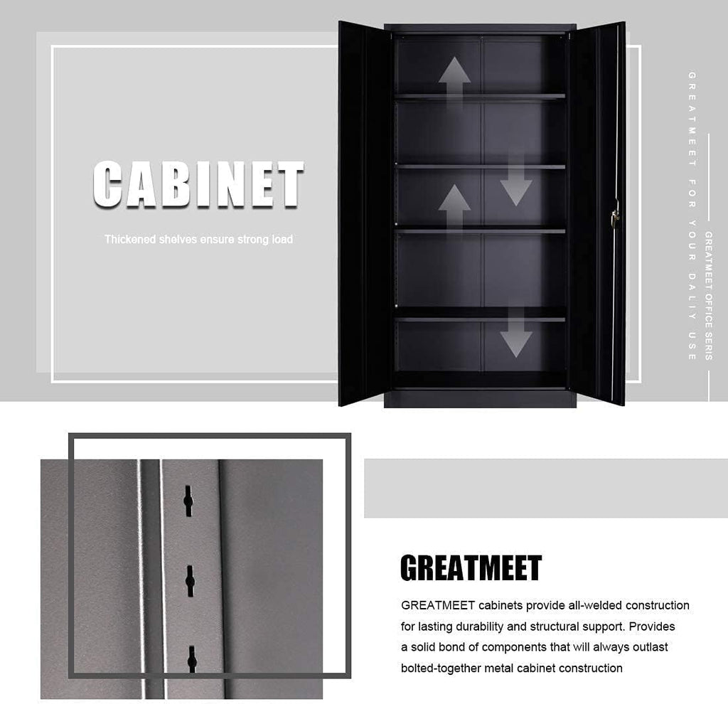 Black 70.8 H Metal Storage Cabinet with 4 Adjustable Shelf and 2 Locking Doors P921