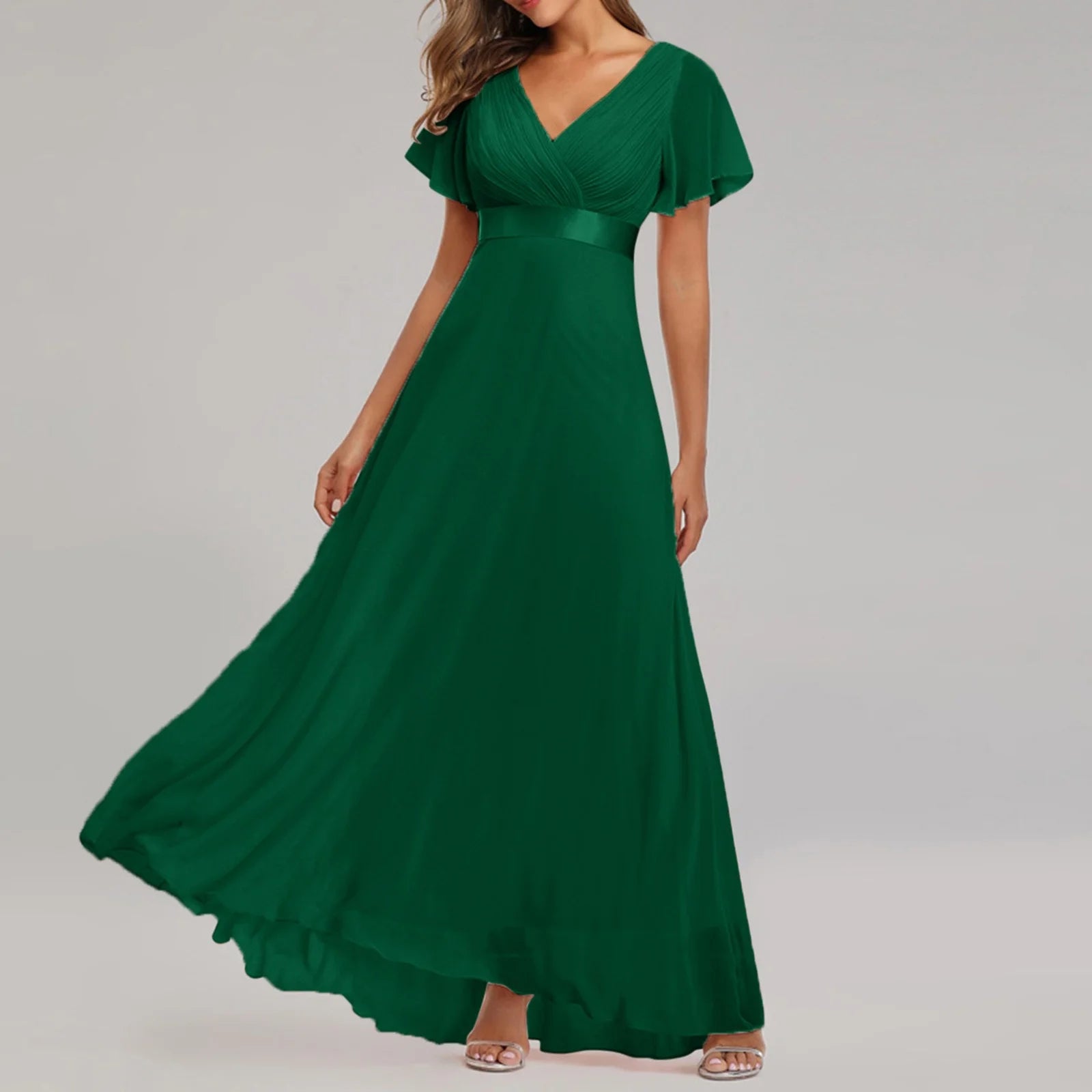 Green Crew Neck Ruffle Short Sleeve Maxi Dress L10702