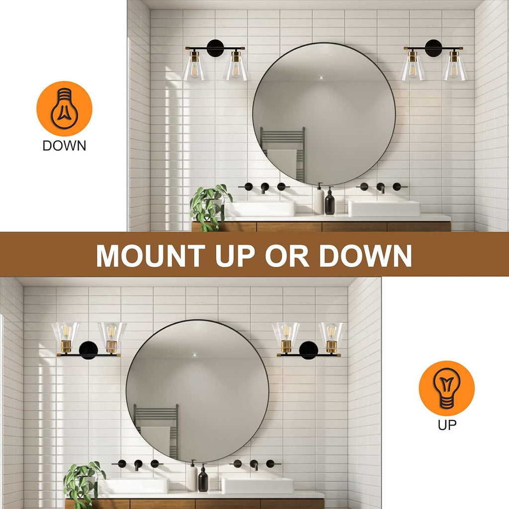 2-Light Matte Black Wall Sconce with Clear Glass Shade and Gold Base Z5069