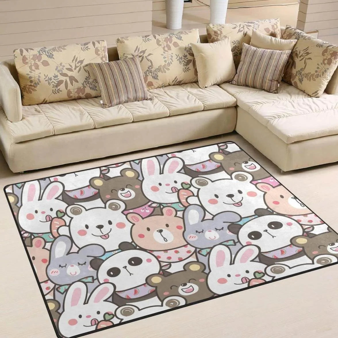 Panda and Bunny Illustration Design Area Rug, 80"x 58" Washable Non Slip Soft Carpet S251739