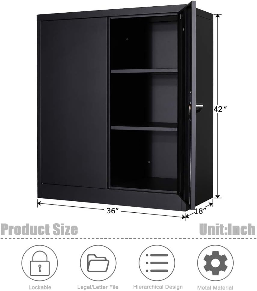 Black 70.8 H Metal Storage Cabinet with 4 Adjustable Shelf and 2 Locking Doors P921