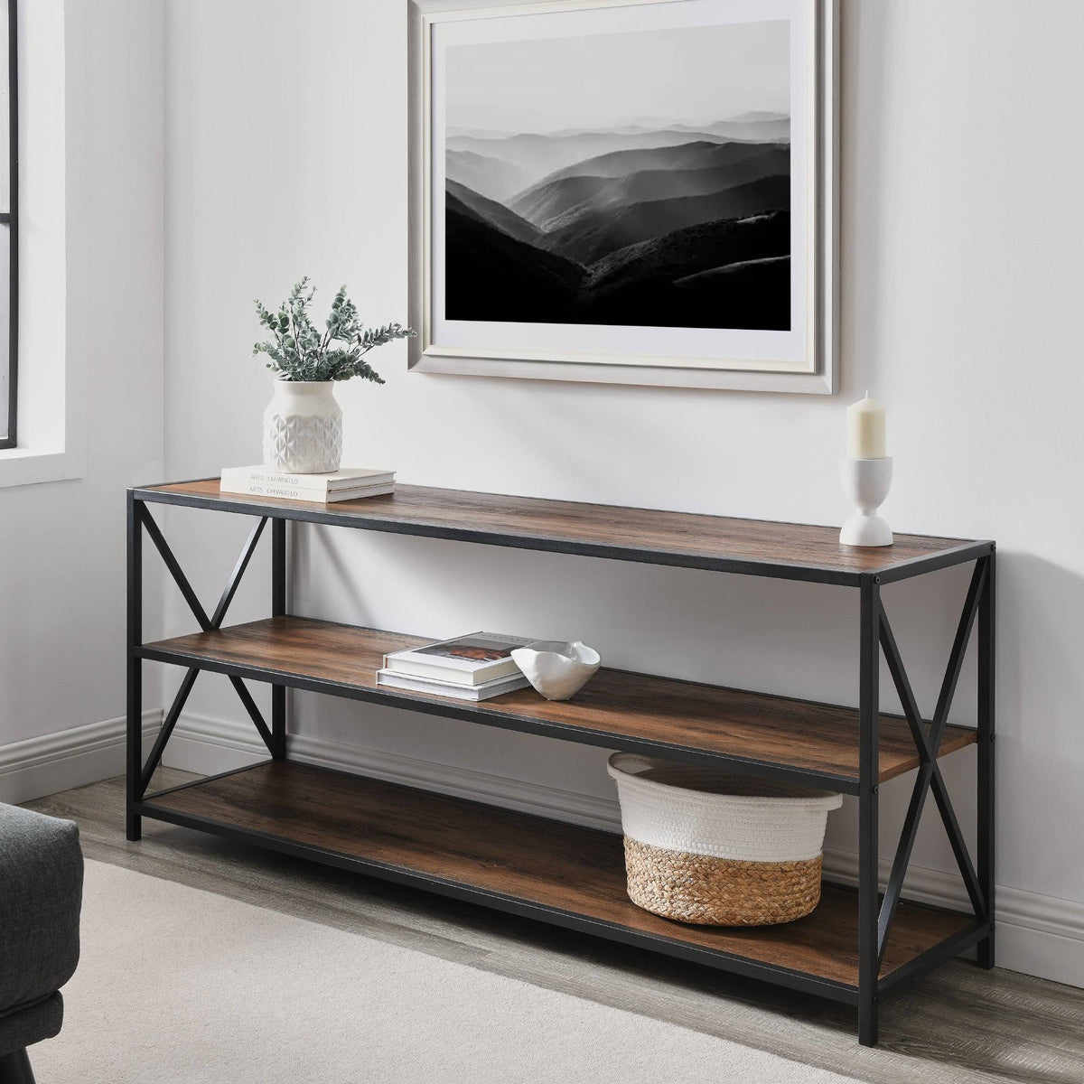 Dark Walnut / Black Metal X-Frame Bookshelf E971389